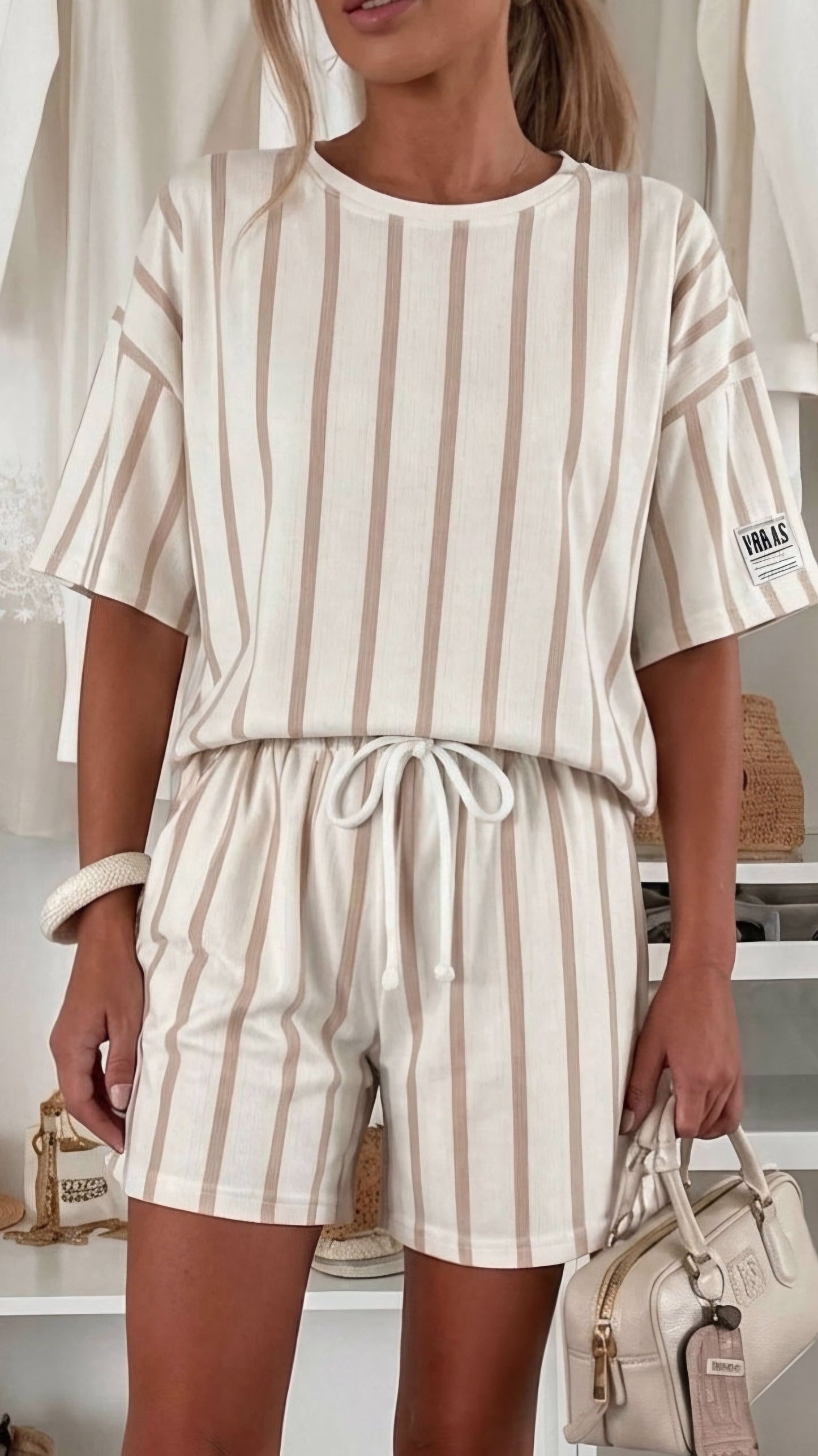 ROSA - Striped Pocket Two Piece Set Cream