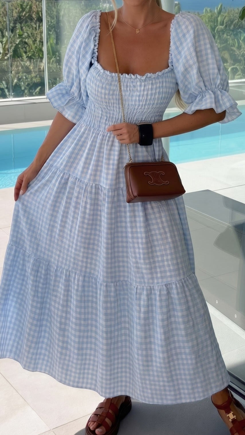 VIOLA - Gingham Puff Sleeve Tiered Maxi Dress
