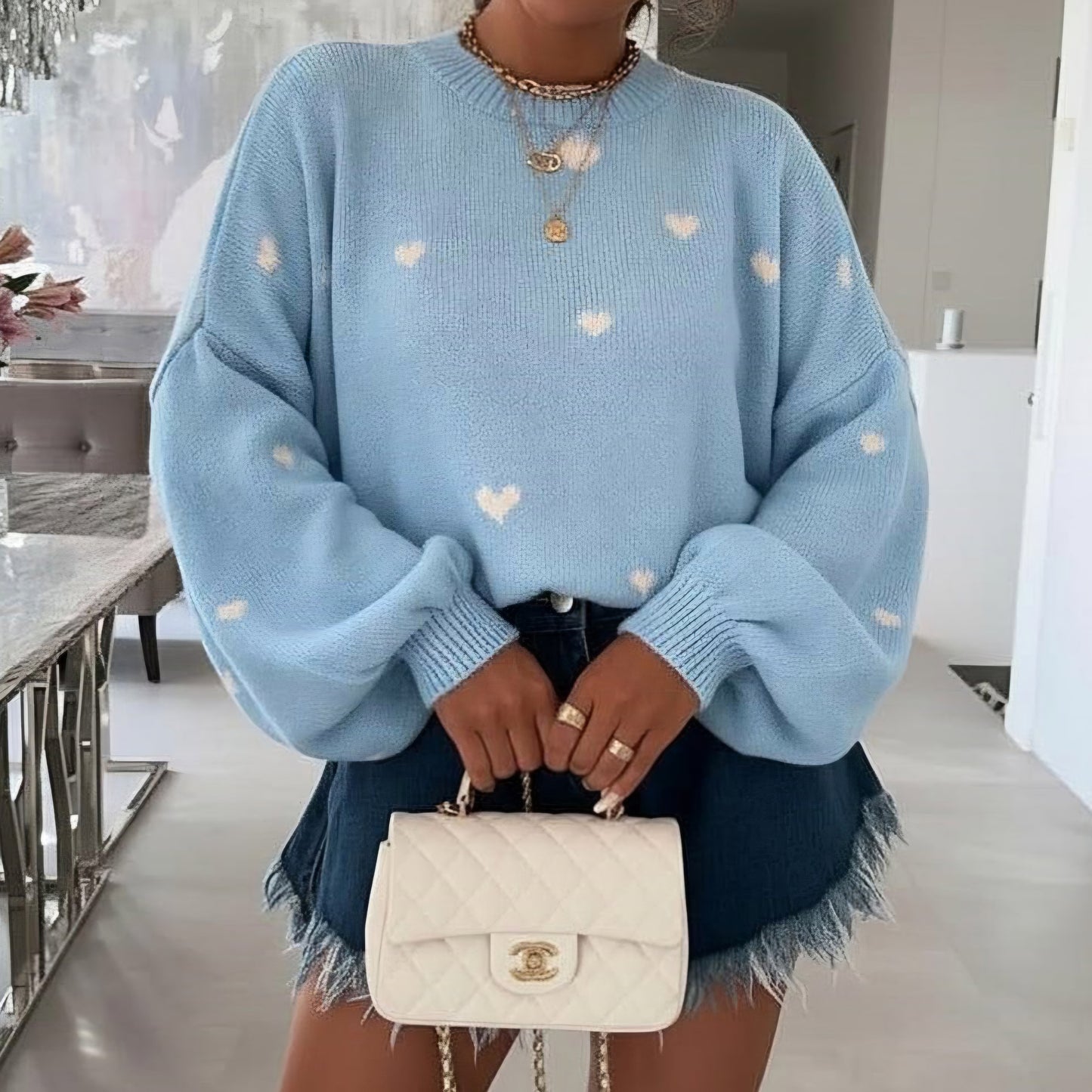 MALIKA - Heart Knitted Jumper Blue