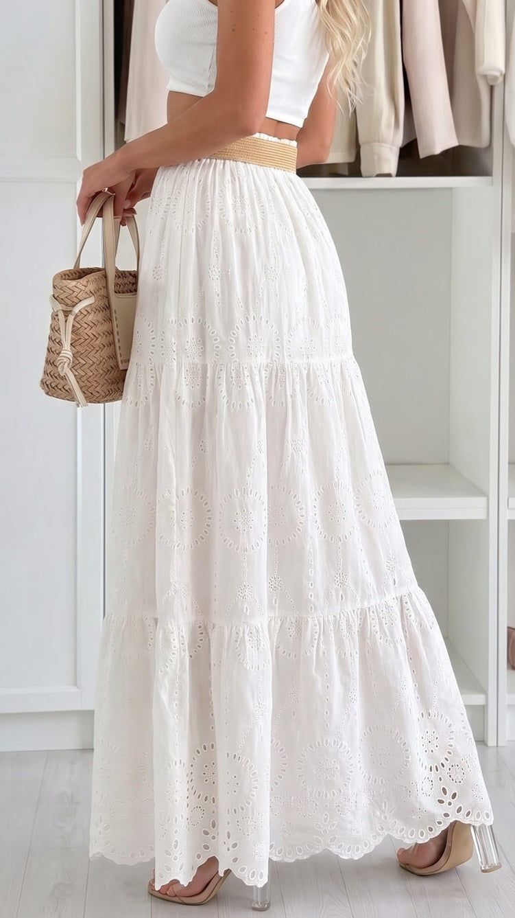 DARBY - Broderie Belted Tiered Maxi Skirt