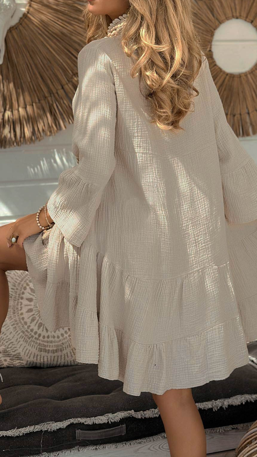 LEONIE - Cotton Cheesecloth Smock Dress Stone