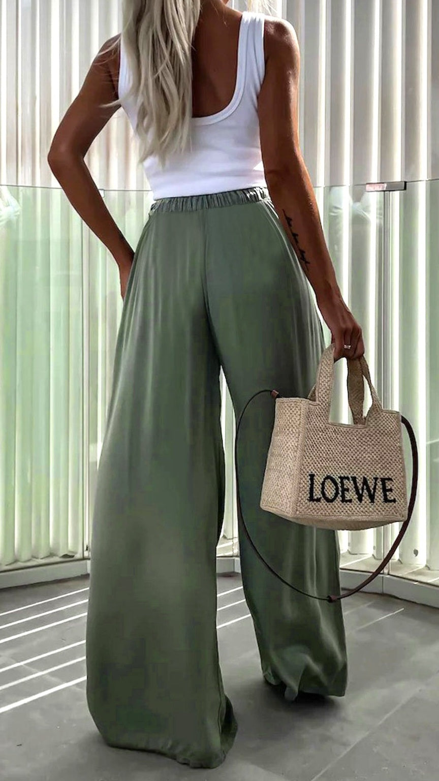 HANA - Satin Feel High Waisted Trousers Olive