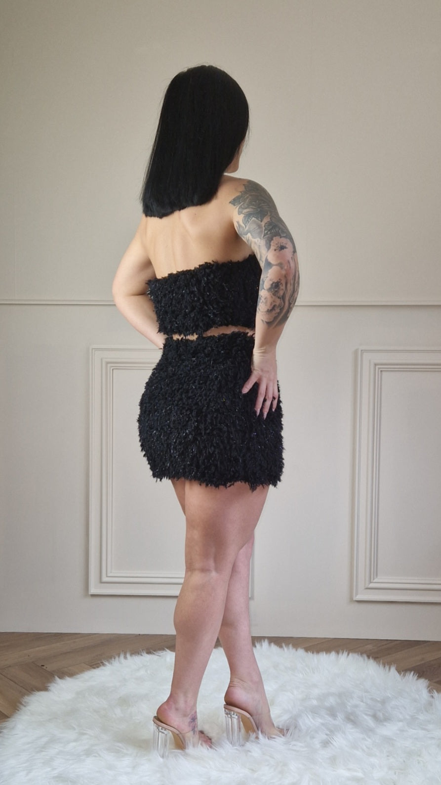 LINA - Shaggy Fur Bandeau Crop Top & Mini Skirt
