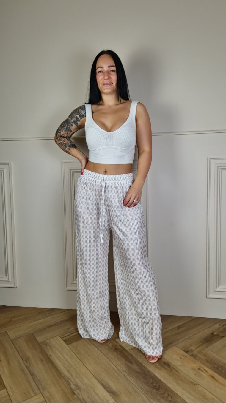 TARA - Patterned Wide Leg Trousers Beige