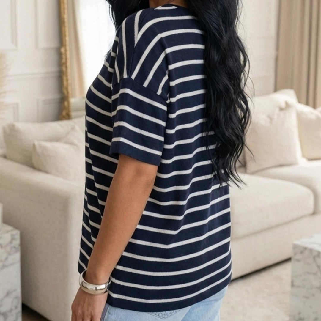 TRINIE - Lightweight Stripe V Neck Short Sleeve Knitted Tee