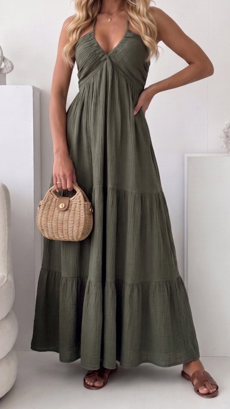 MARNIE - Halterneck Tiered Maxi Dress