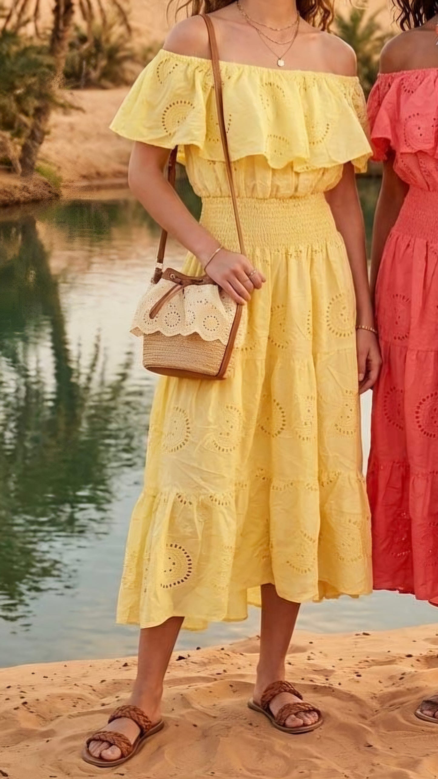 WREN - Broderie Off Shoulder Midi Dress Yellow