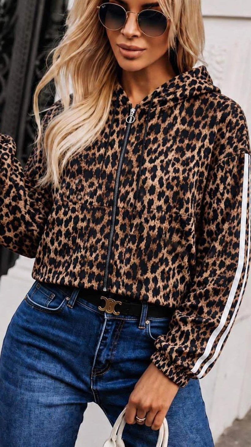 SIENNA - Leopard Print Zip Hoodie Brown