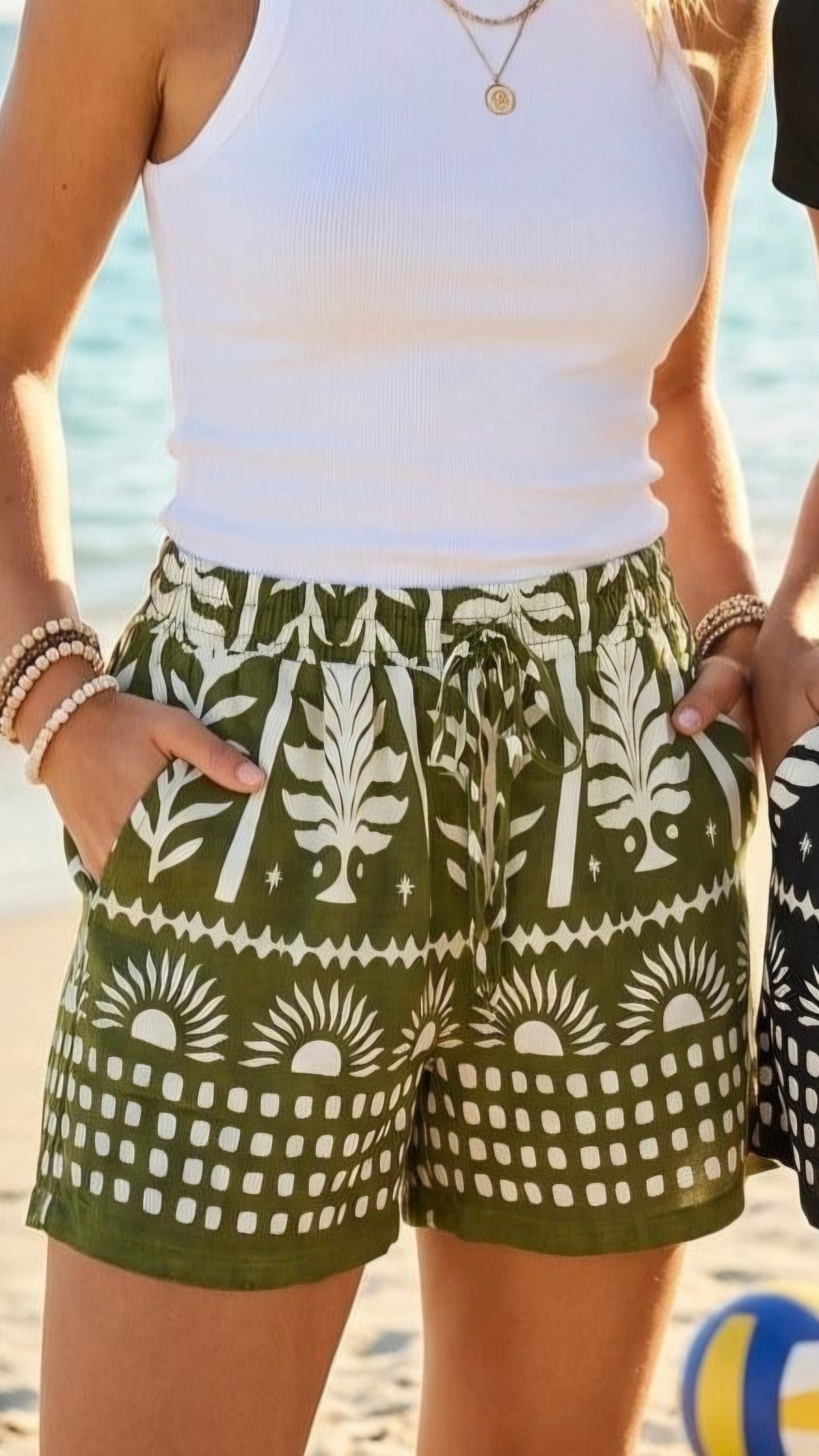 TIA - Printed High Waisted Drawstring Shorts Khaki