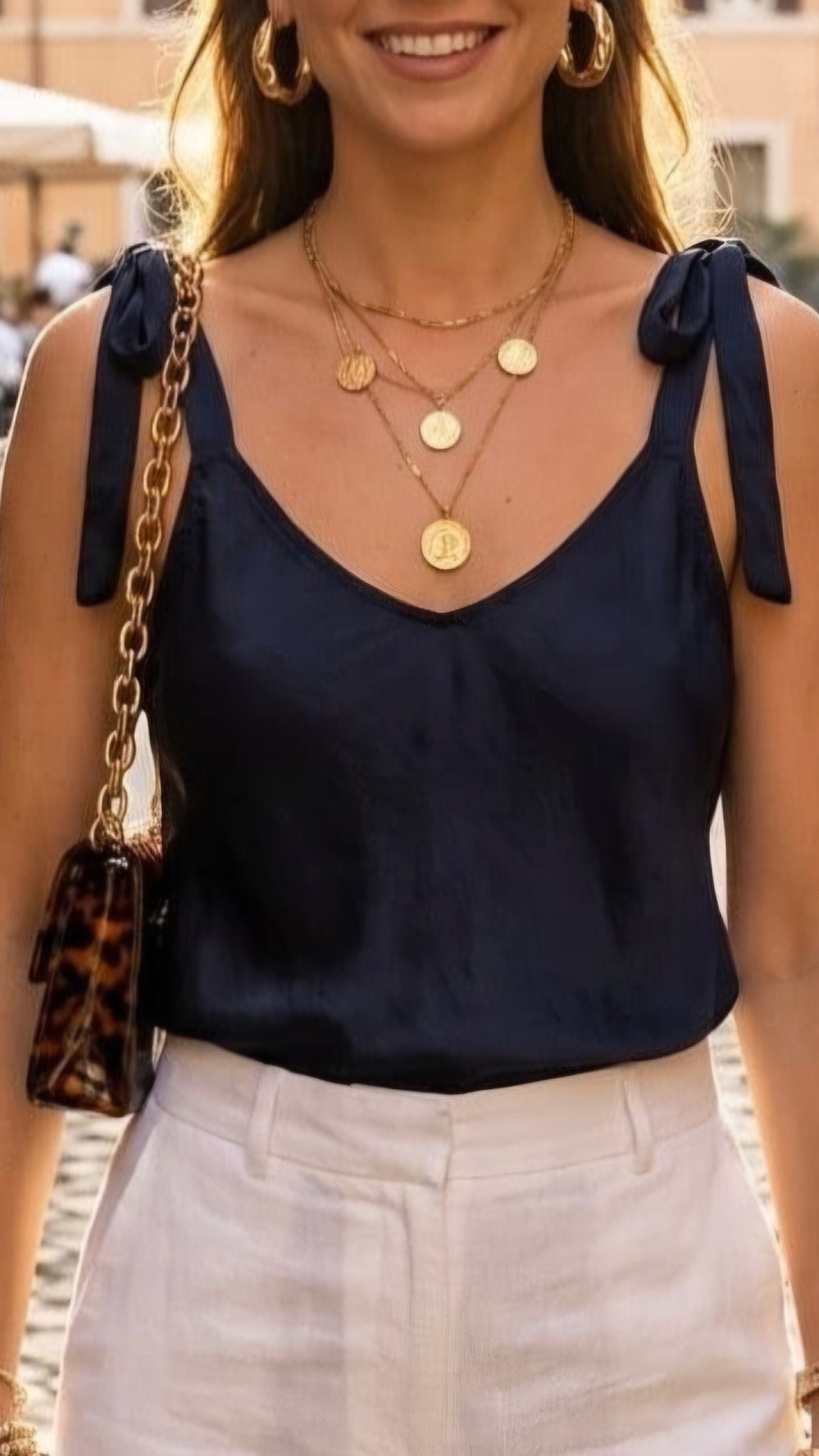 LORNA - Shoulder Tie Satin Feel Top Navy