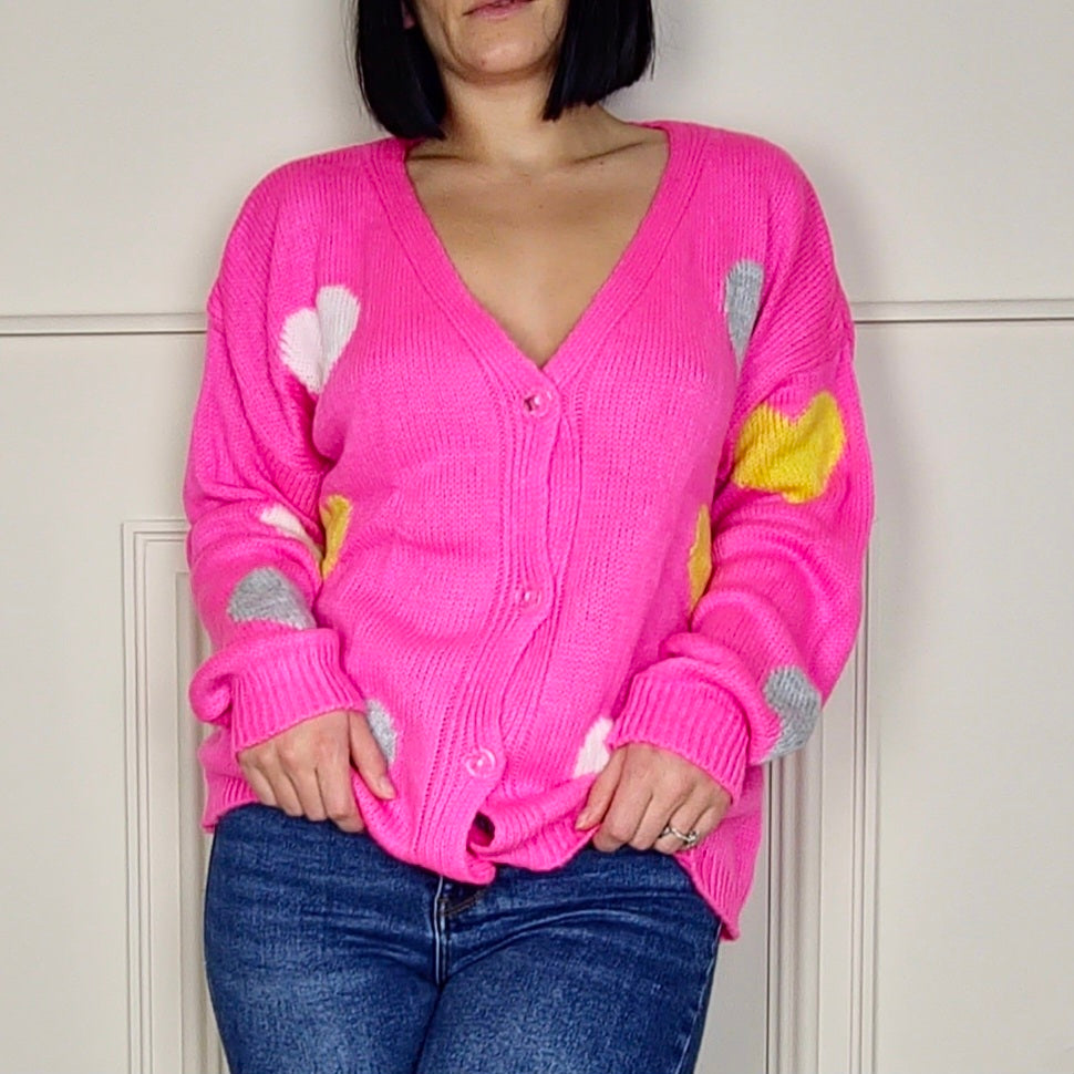 MABEL - Heart Printed Knitted Cardigan Pink