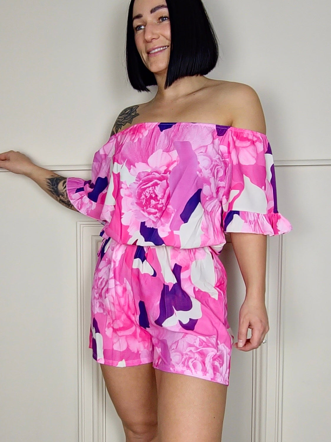 TARIKA - Floral Bardot Playsuit Pink