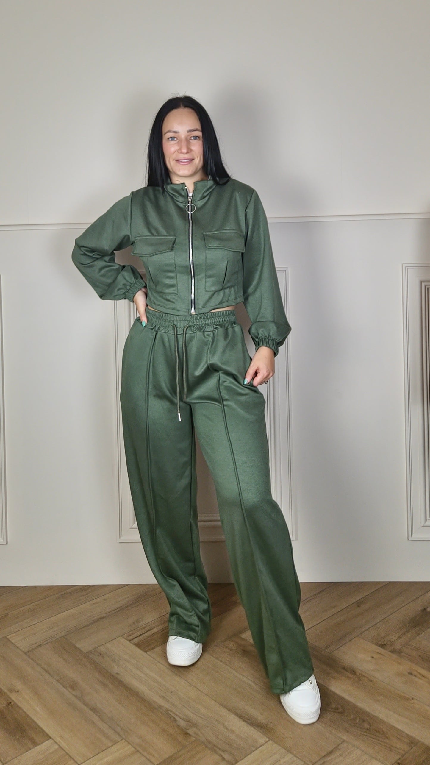 MONIQUE - Bomber Zip Up Jacket With Wide Leg Trouser Set Khaki