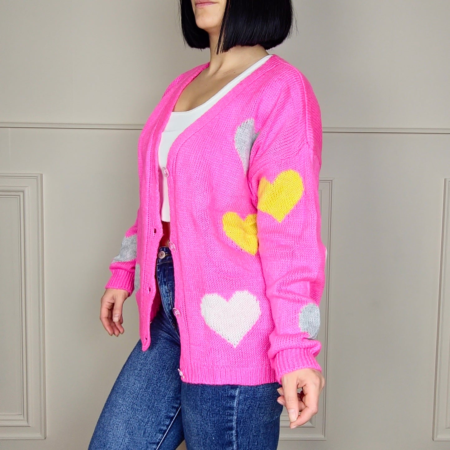 MABEL - Heart Printed Knitted Cardigan Pink