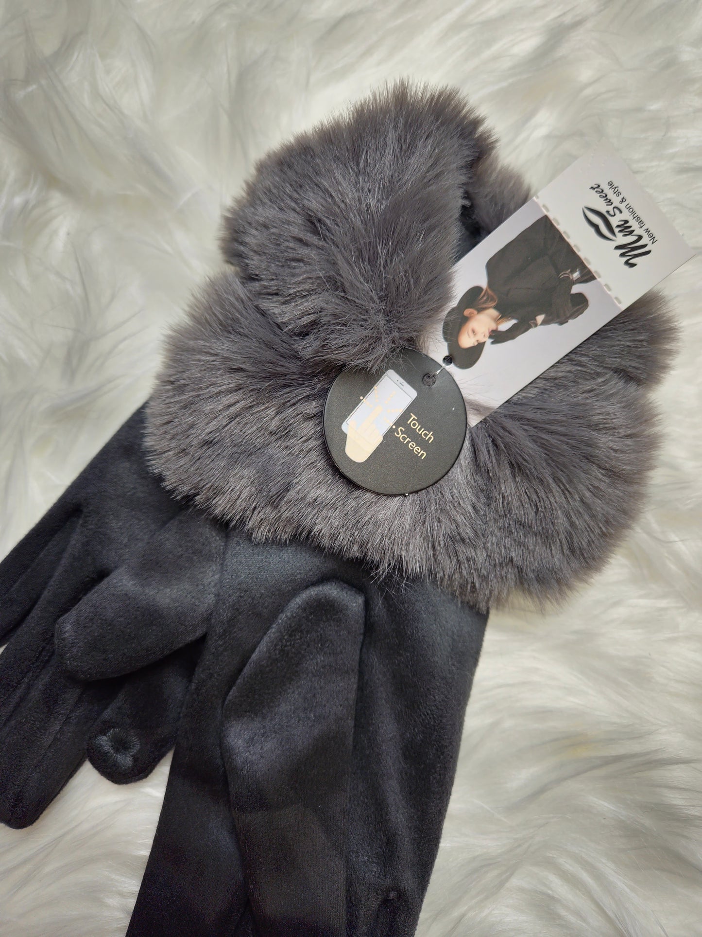 MACEY - Suedette Faux Fur Gloves Grey