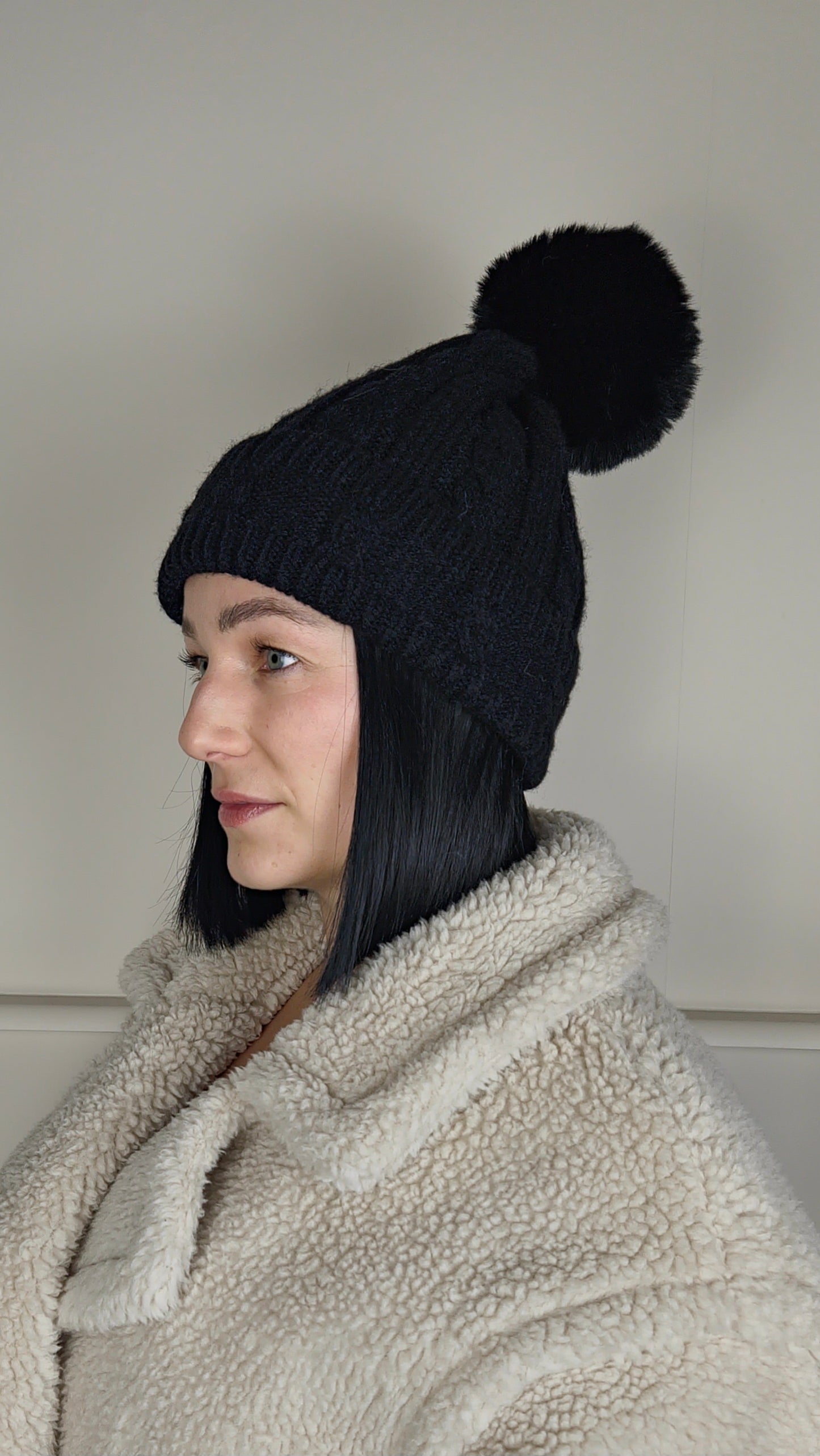TESS - Cable Knit Wool Blend Faux Fur Pom Beanie Hat Black