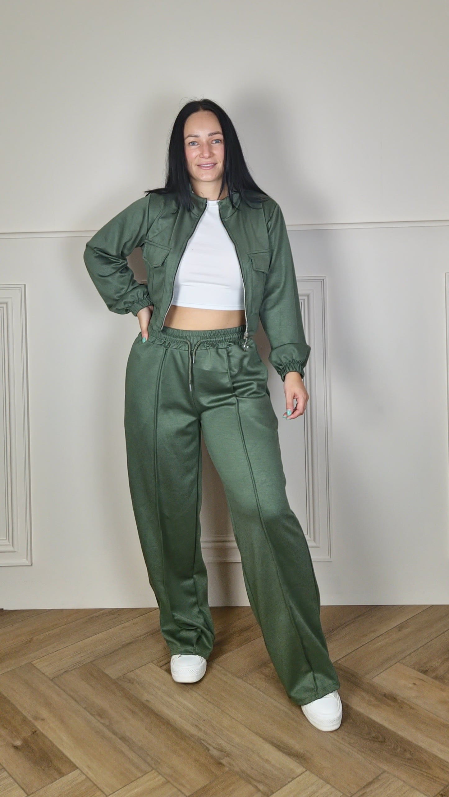 MONIQUE - Bomber Zip Up Jacket With Wide Leg Trouser Set Khaki