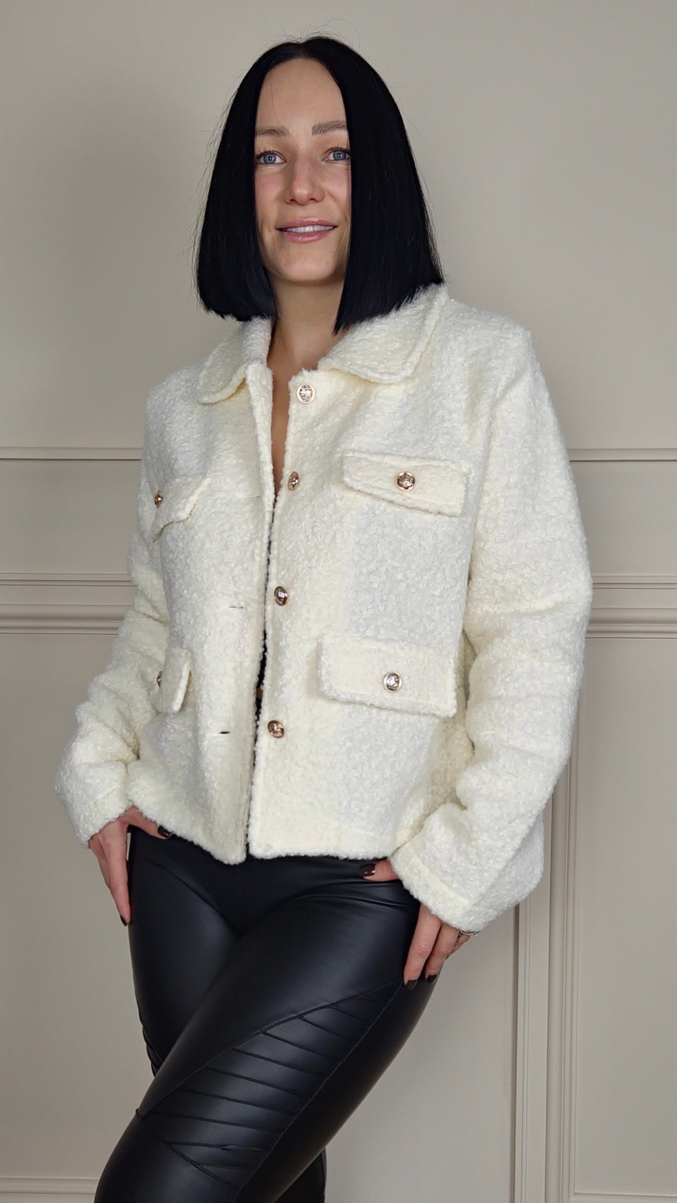 NEELA - Teddy Borg Button Detail Jacket Cream