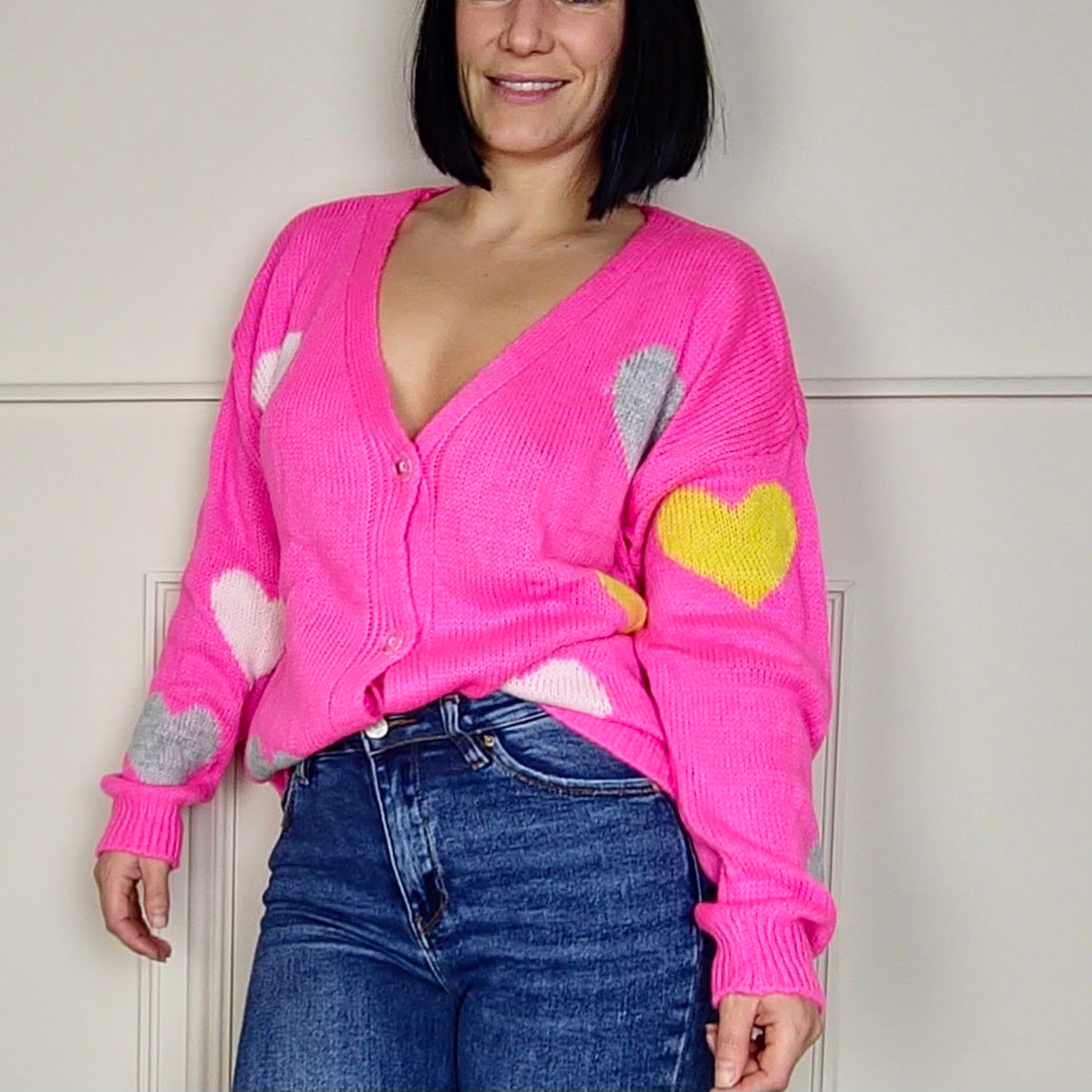 MABEL - Heart Printed Knitted Cardigan Pink