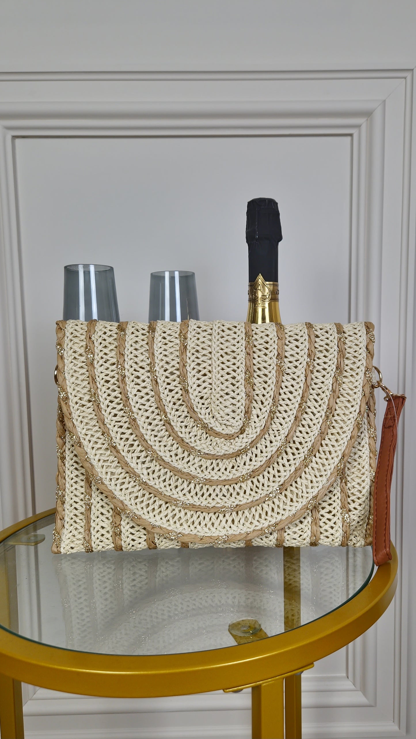 SKYLAR - Metallic Striped Woven Clutch Bag Beige