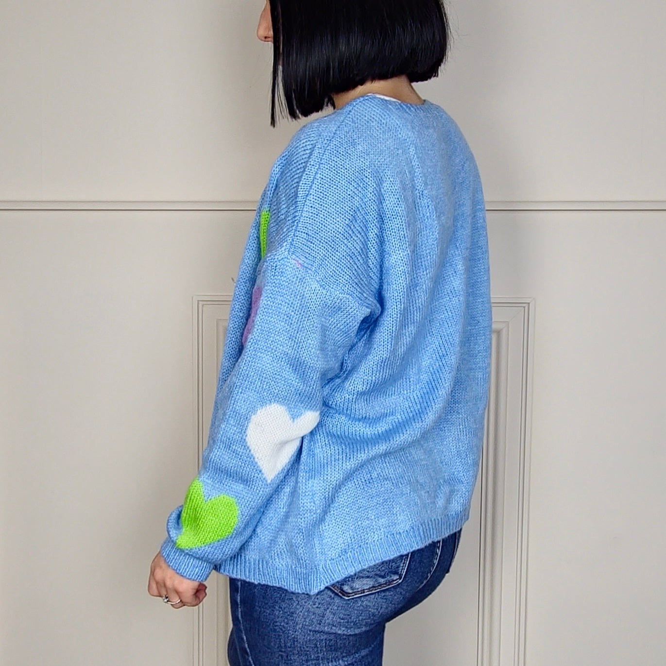 MABEL - Heart Printed Knitted Cardigan Blue