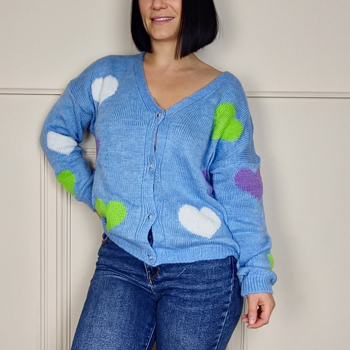 MABEL - Heart Printed Knitted Cardigan Blue