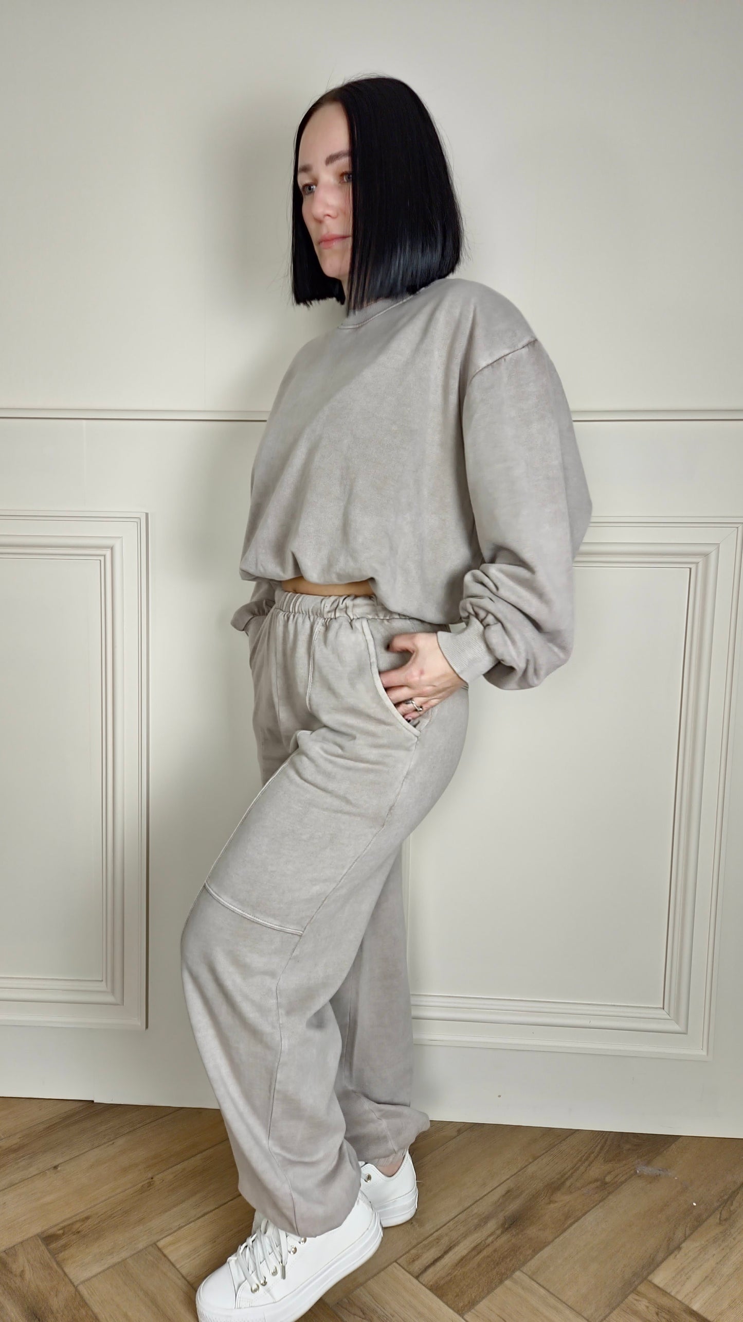 LEAH - Acid Wash Bubble Hem Tracksuit Dove Grey