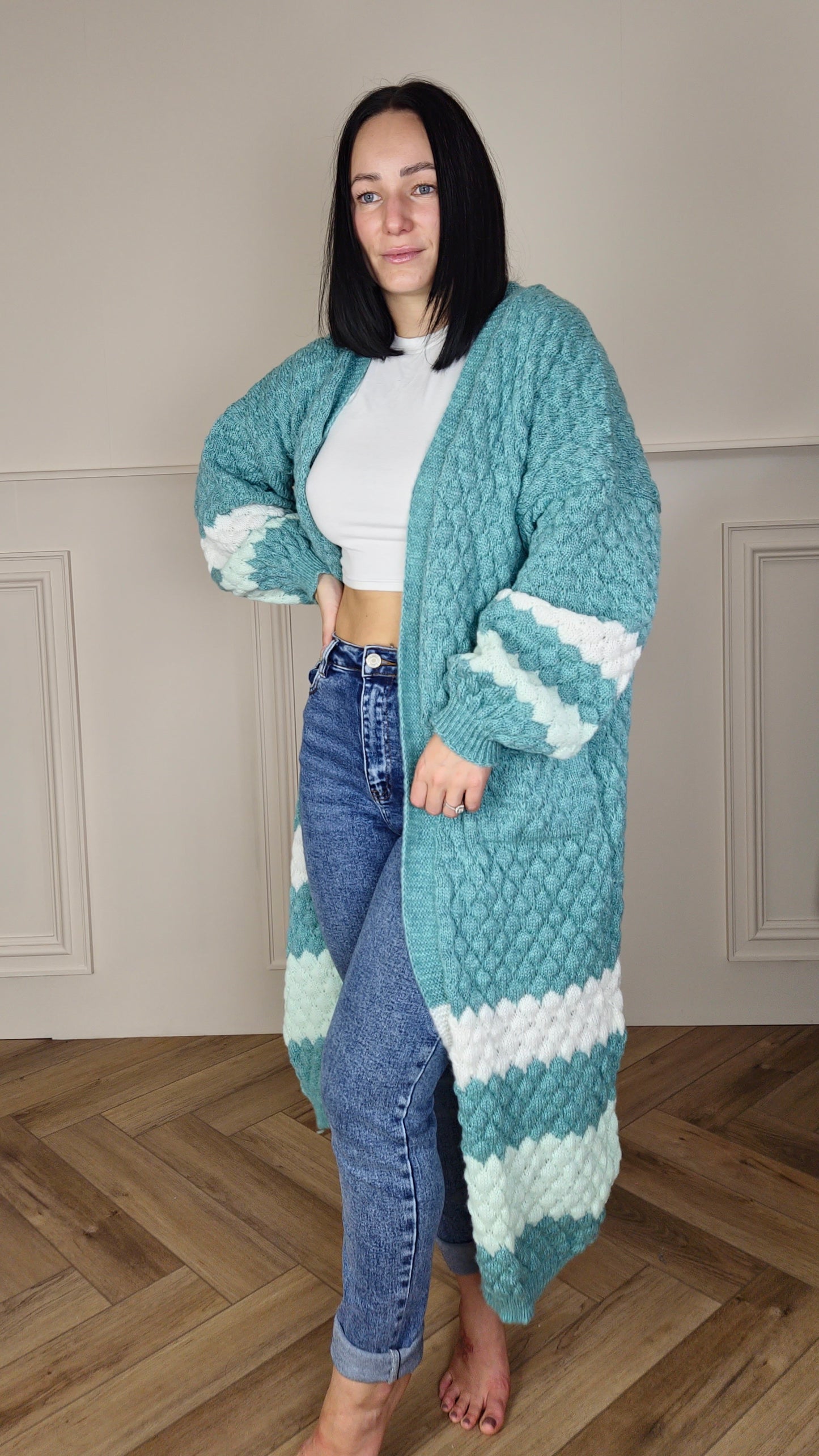 ALEXIS - Longline Contrast Knitted Cardigan Sage