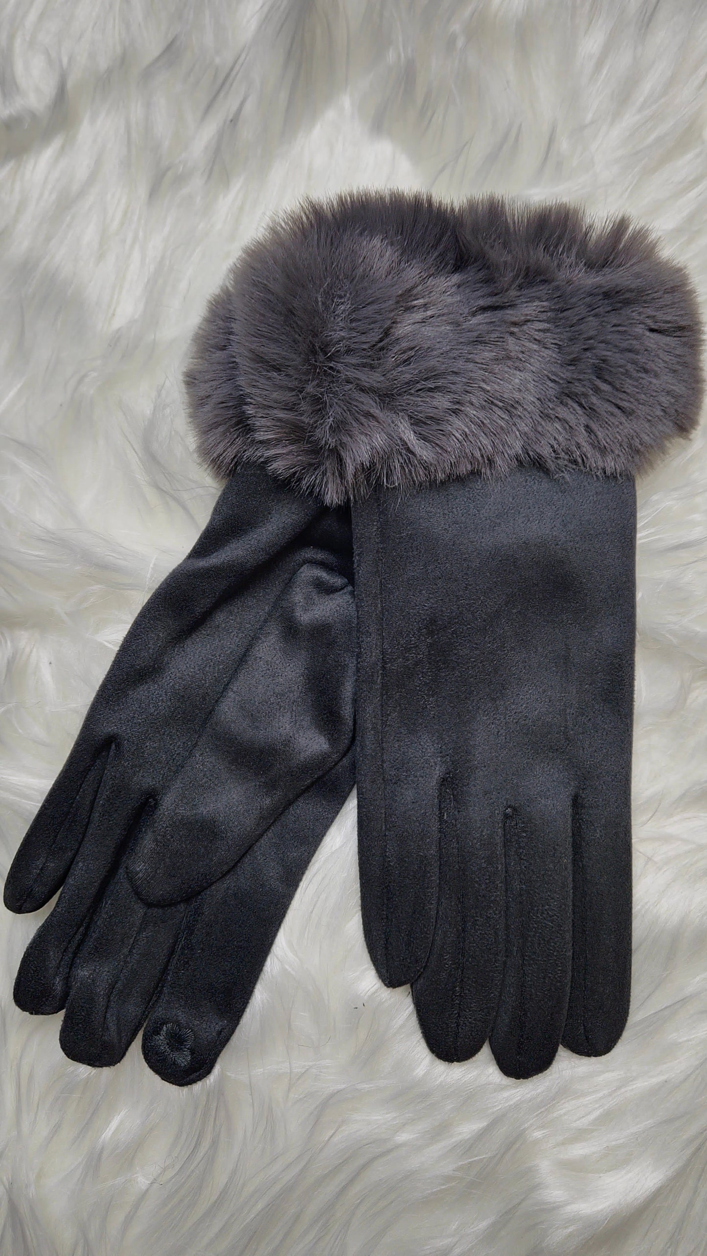 MACEY - Suedette Faux Fur Gloves Grey
