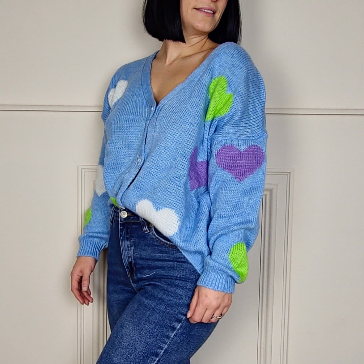 MABEL - Heart Printed Knitted Cardigan Blue