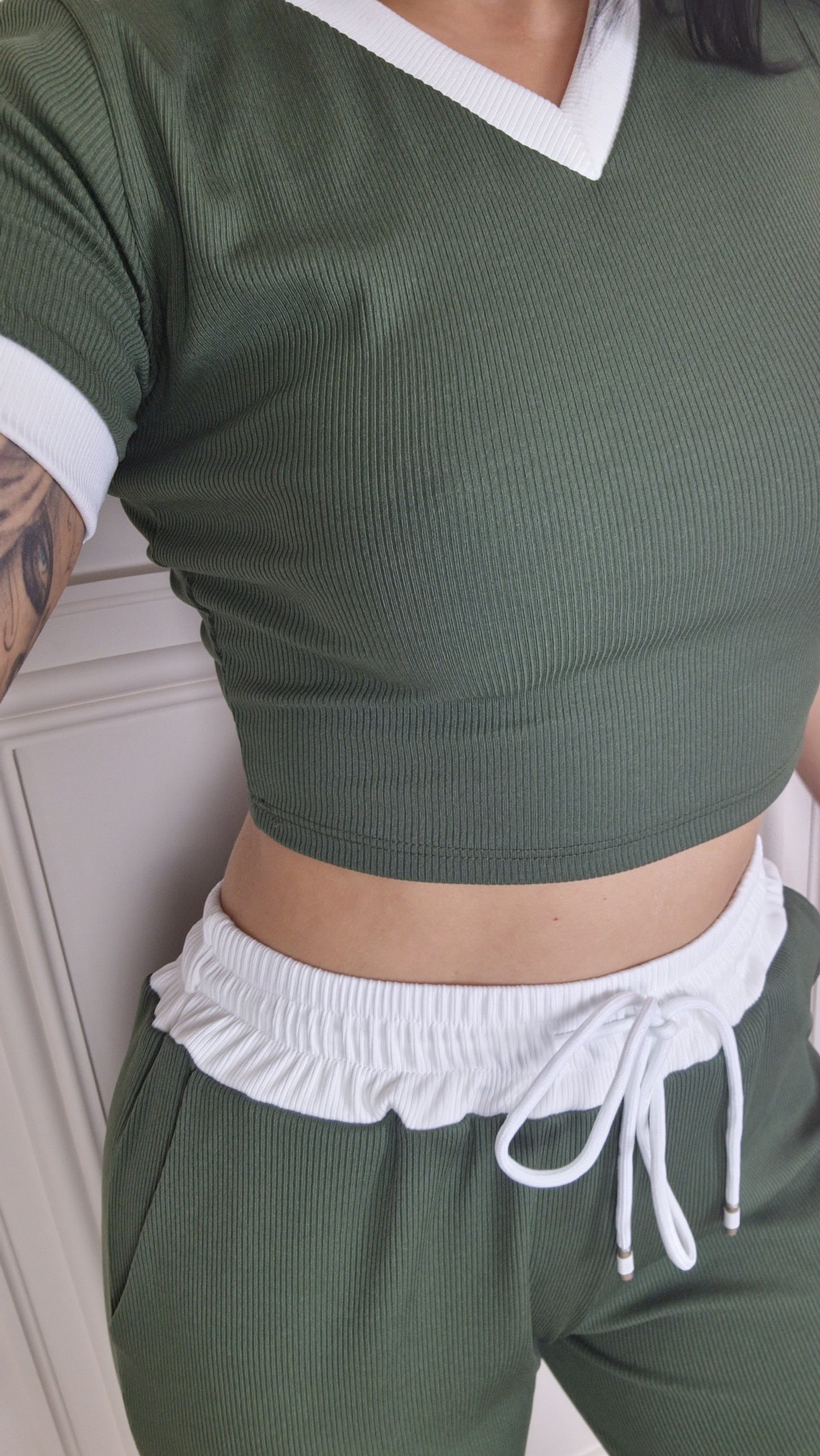 KARA - Ribbed V Neck T-shirt & Trouser Set Khaki