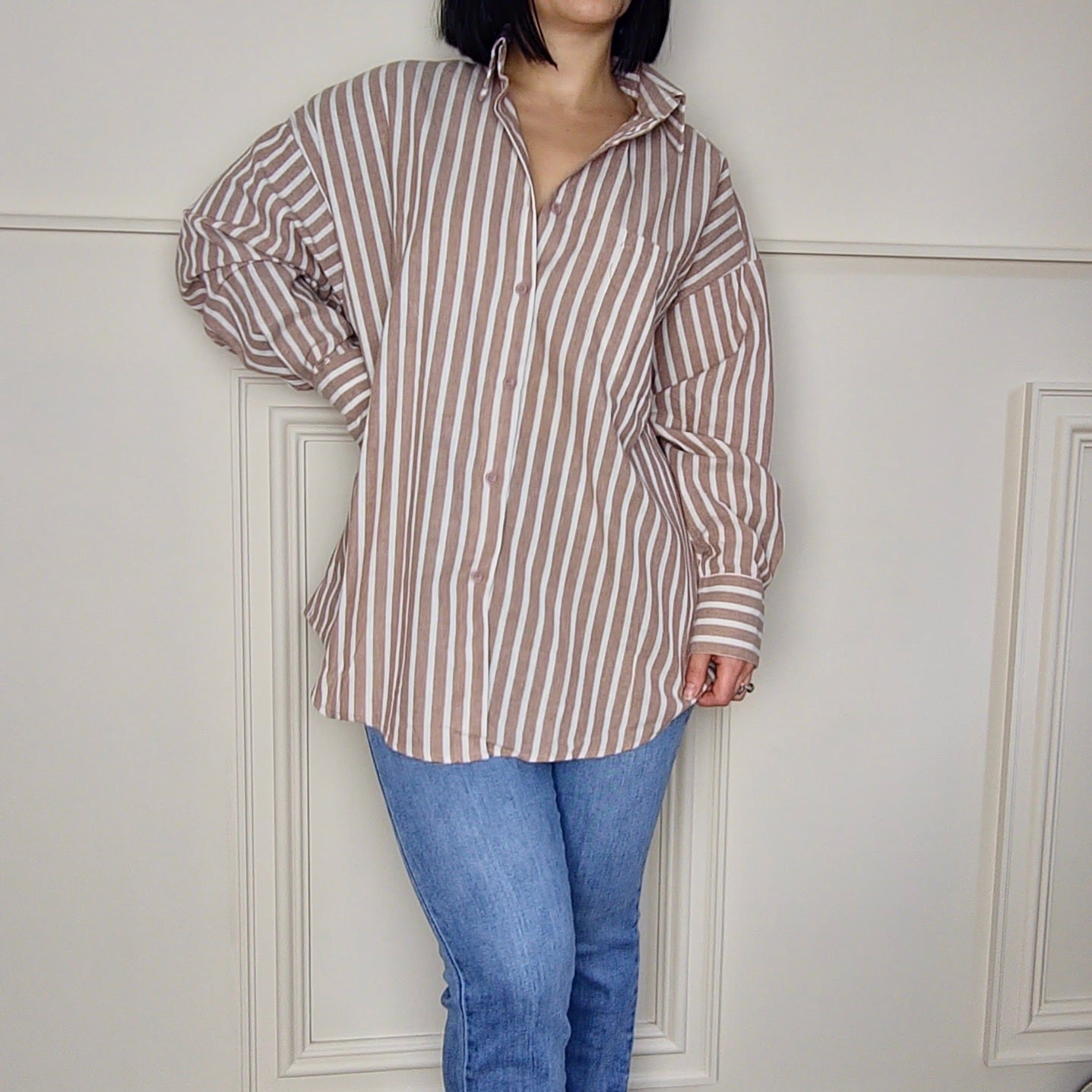 ELISHA - Striped Open Back Shirt Taupe