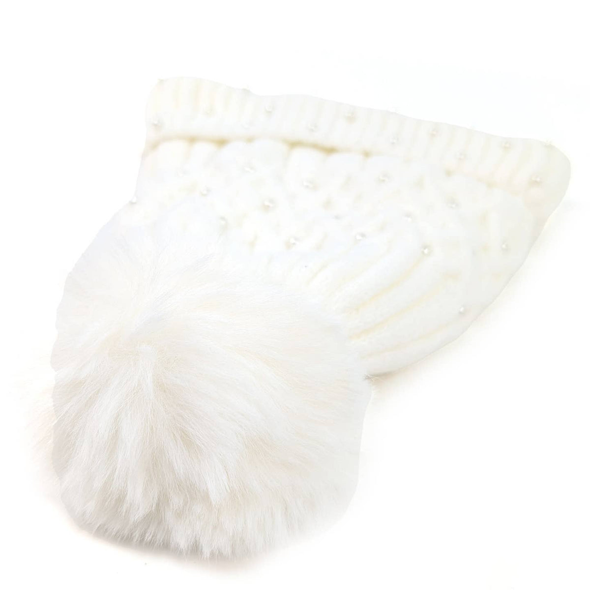SERAPHINA - Faux Fur Pearl Stud Pom Hat Cotton White