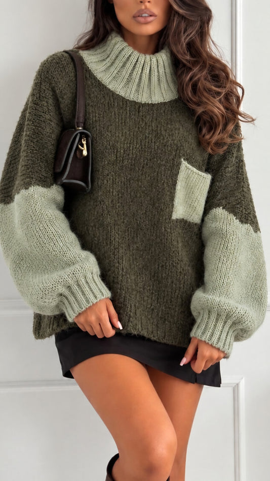AVELINE - Two Tone Balloon Sleeve Knitted Jumper Khaki