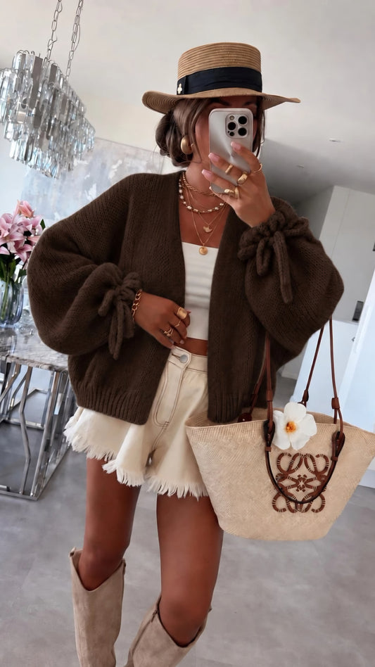 AURELIA - Chunky Knit Tie Sleeve Cardigan Brown