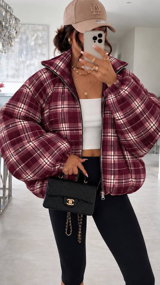 MARISOL - Checked Bomber Puffer Jacket