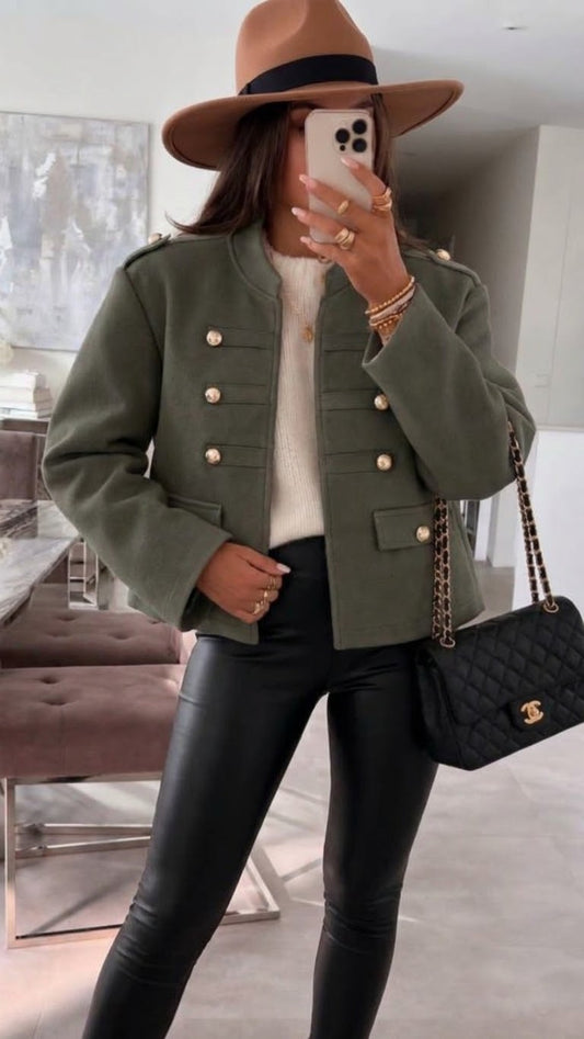 VIENNA - Short Wool Effect Jacket With Gold Buttons Khaki