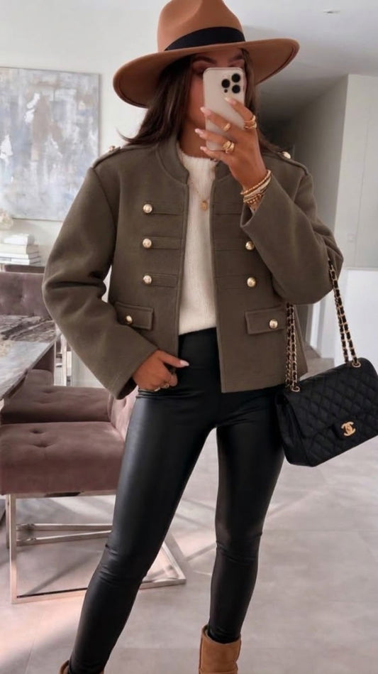 VIENNA - Short Wool Effect Jacket With Gold Buttons Brown