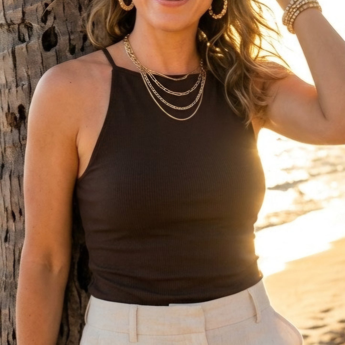 REESE - Cami Ribbed Square Neck Vest Chocolate