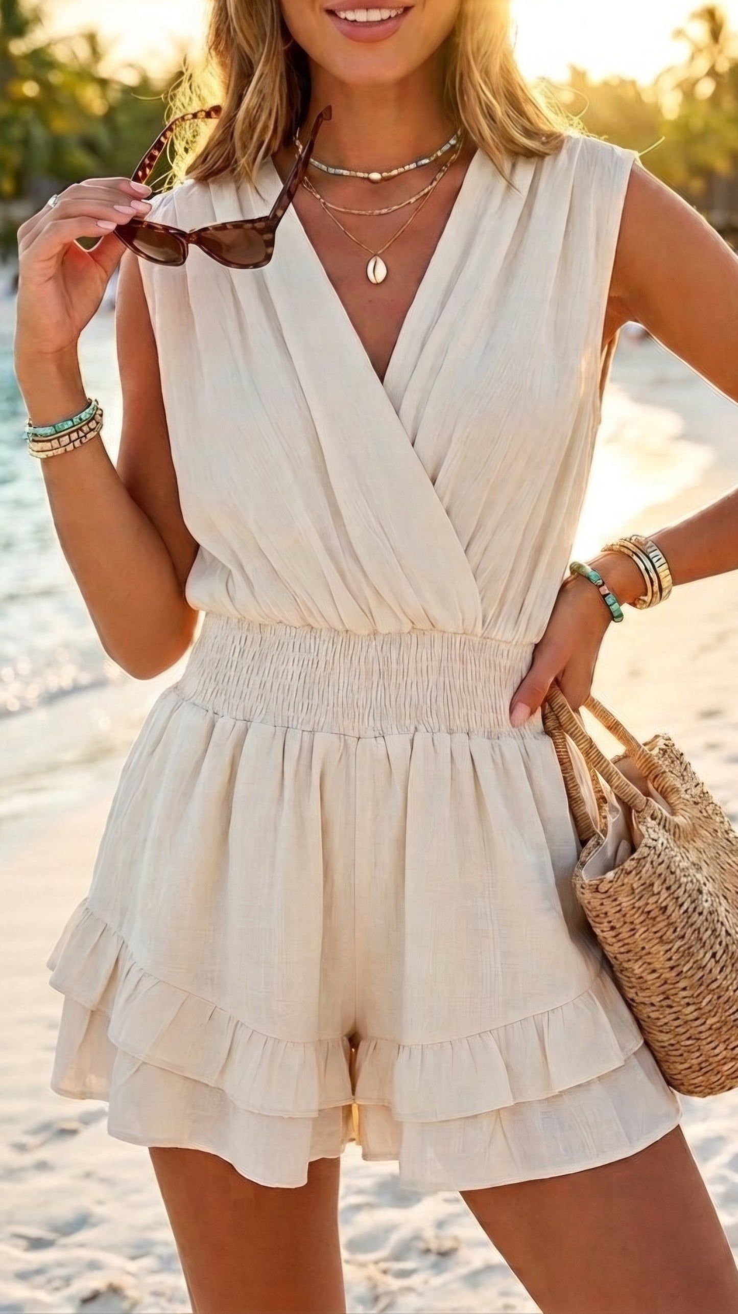 KENDALL - Sleeveless Cross Over Playsuit Cream