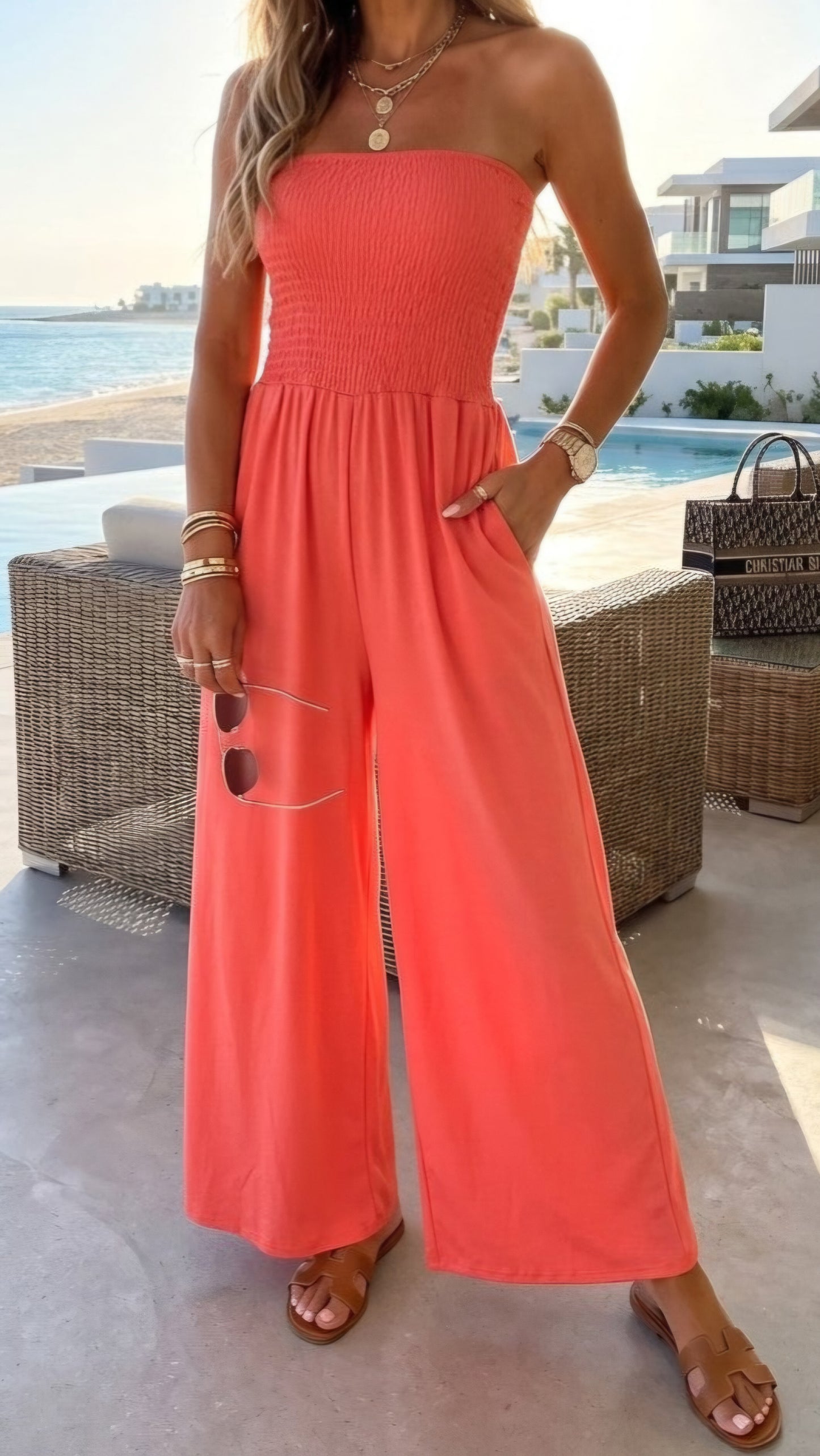 NIA - Wide Leg Shirred Jumpsuit Coral PETITE