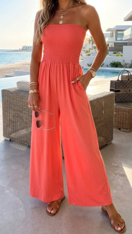 NIA - Wide Leg Shirred Jumpsuit Coral PETITE