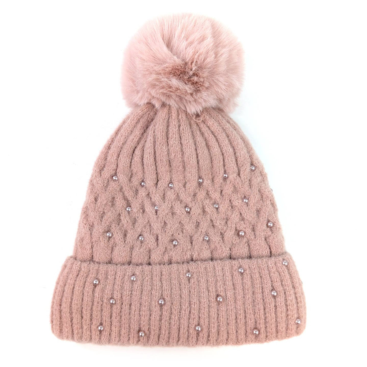SERAPHINA - Faux Fur Pearl Stud Pom Hat Dusty Pink