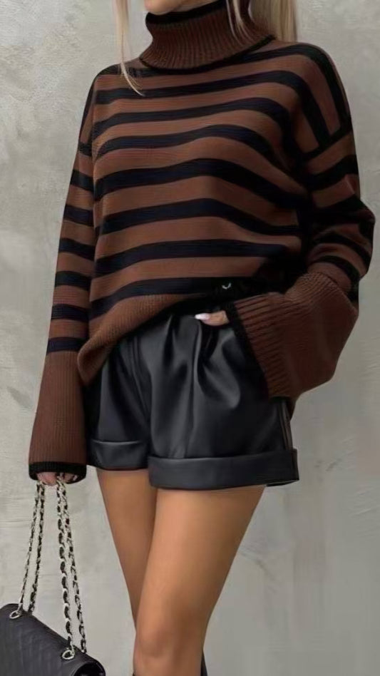 TULA - Oversized Striped Turtleneck Jumper Brown