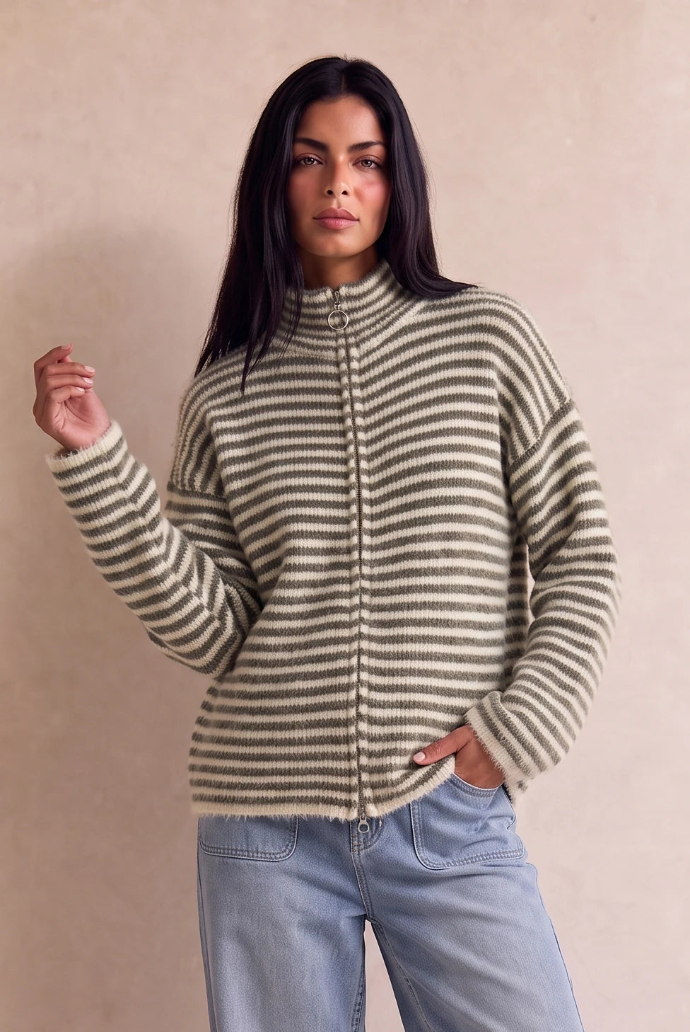 ZOE - Striped Zip Up Jumper Mocha