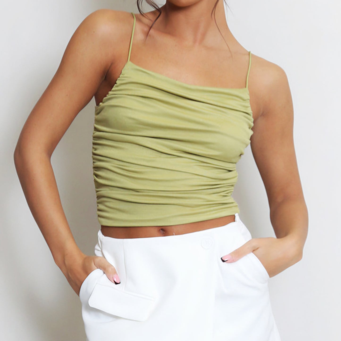 OLIVIA - Strappy Ruched Cami Top Sage Green