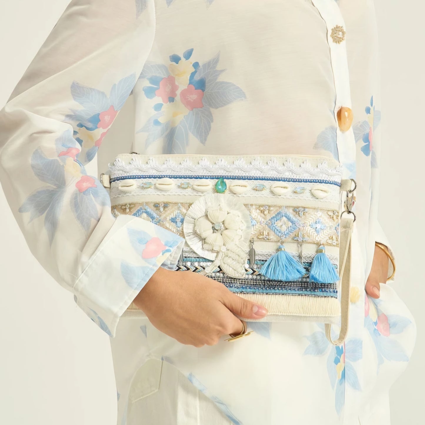 EDEN - Blue Beaded Flower Clutch Bag