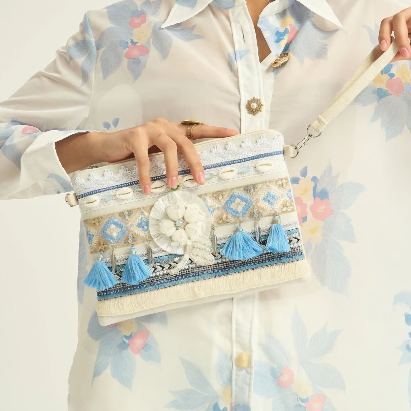 EDEN - Blue Beaded Flower Clutch Bag