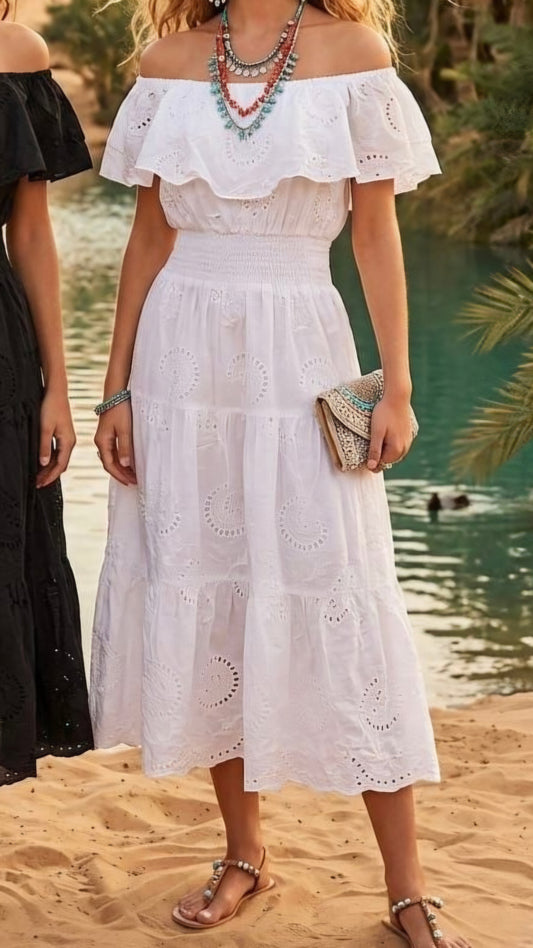 WREN - Broderie Off Shoulder Midi Dress White