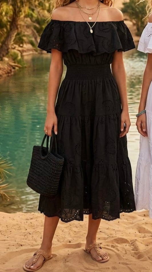WREN - Broderie Off Shoulder Midi Dress Black